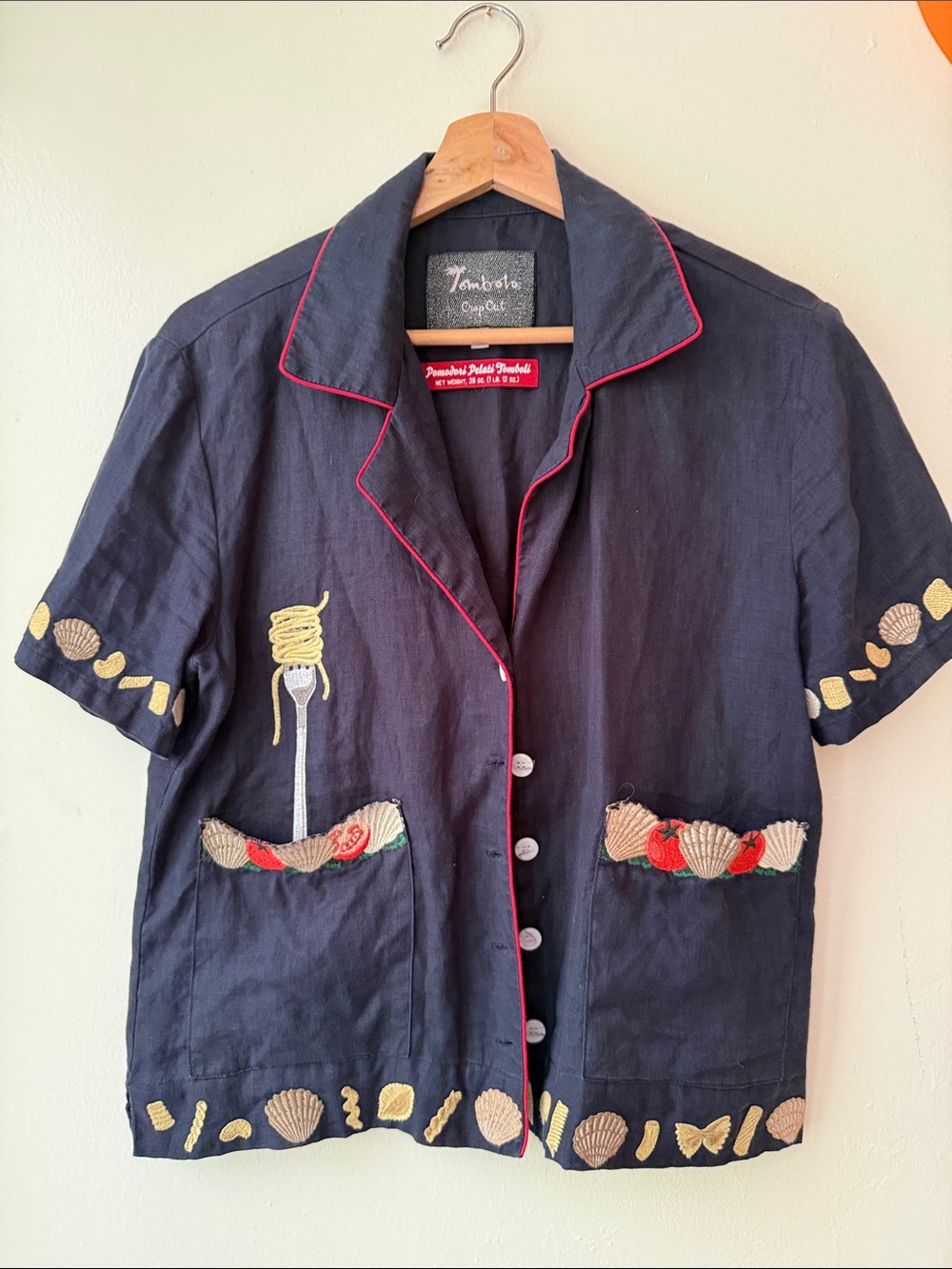 Tombolo Navy Short-Sleeve Embroidered Button-Down Shirt with Red Piping